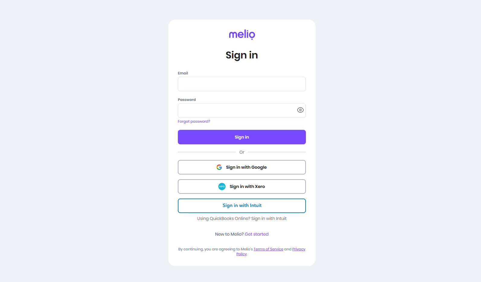 Melio login page — official sign in screen at app.meliopayments.com for Melio Payments business accounts